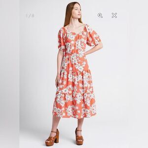 Modcloth Parker & Rowe Floral Bloom Wildly Tiered Midi Dress Coral Orange XS